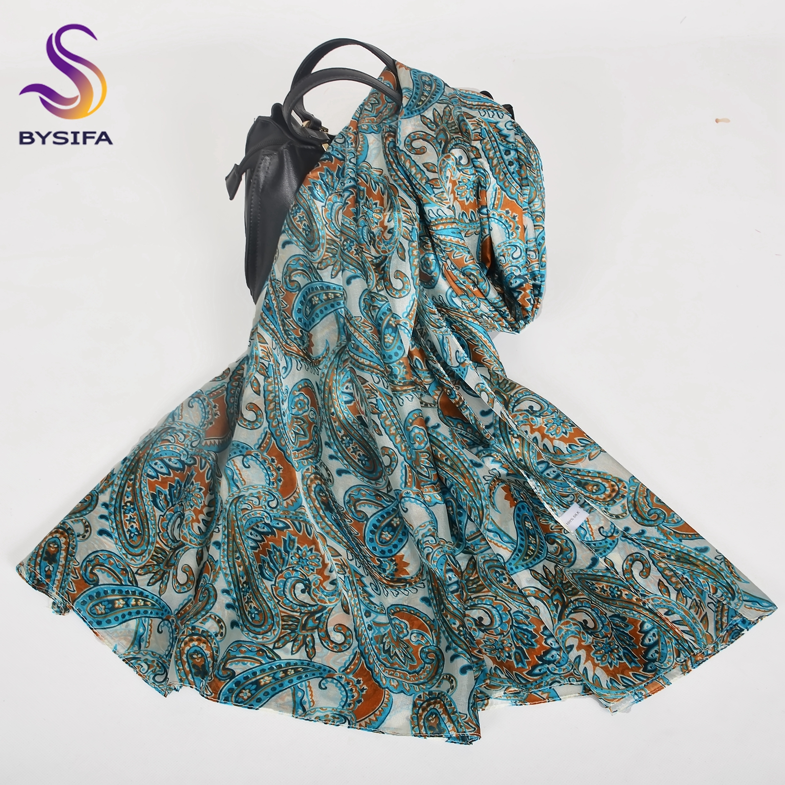 BYSIFA |   Nouveau Foulard Châle en Soie de Mûrier 100% Ultra-large Bleu et Blanc pour Femme, Motif Paisley, Idéal pour la Plage