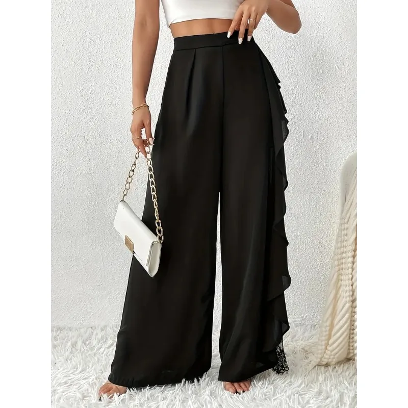 Pantalon à jambes larges pour femme, automne, volants épissés, dentelle, maille transparente, noir irrégulier, élégant, bureau, banlieue, à plusieurs niveaux