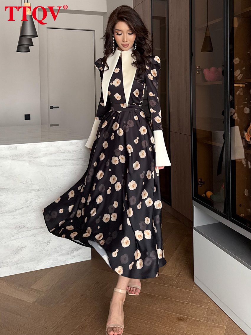 Robe Femme TTQV Tendance Imprimée Coupe Slim 2026 Automne Col Revers Manches Longues Longueur Cheville Élégante Classique Taille Haute