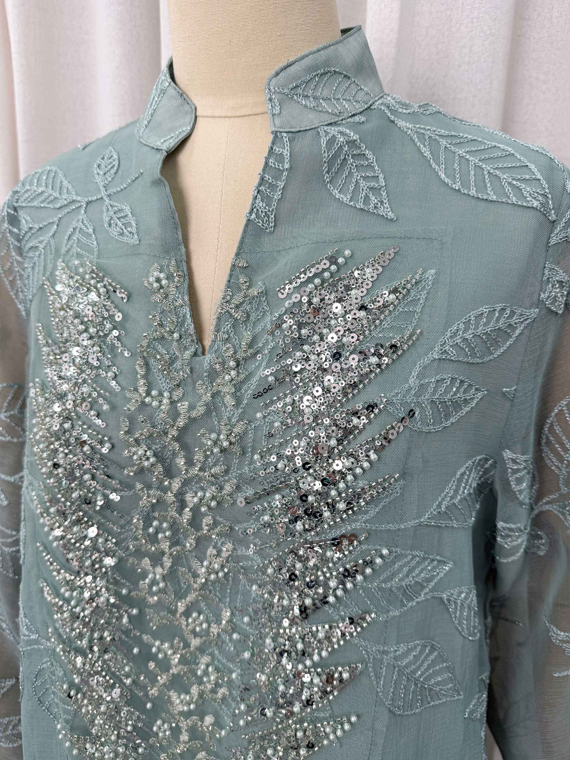 Abaya vert menthe pour femmes musulmanes avec broderie de feuilles en sequins argentés, Kaftan de Dubaï, robe élégante pour la prière du Ramadan et de l'Aïd, Turquie, Islamique