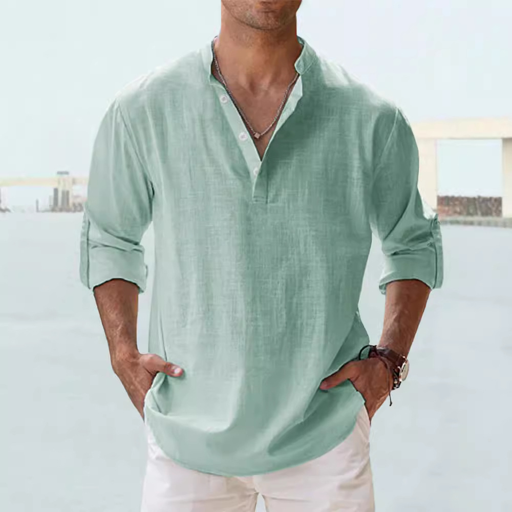 Chemise d'été pour homme en lin à col montant et manches longues, coupe ample, couleur unie, en coton et lin, vêtements pour homme