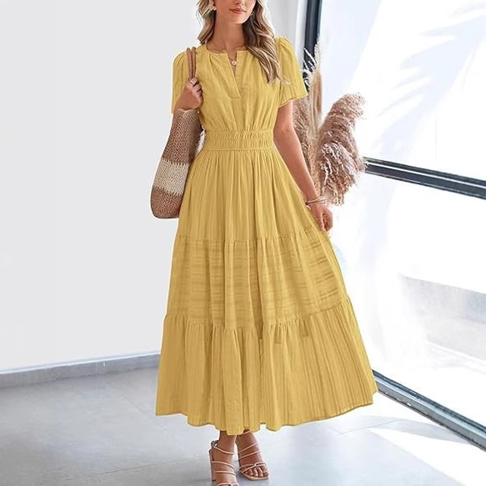 Robe longue bohème pour femme, col en V, manches bouffantes plissées, patchwork, robes de soirée mi-longues plissées XRFZC-RX9938