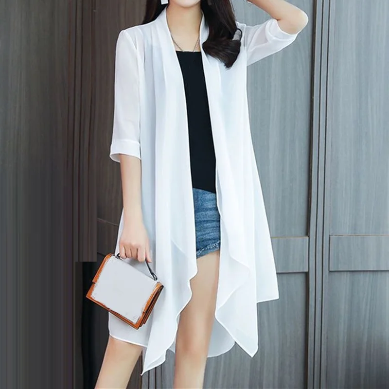 Vêtements d'été de protection solaire pour femmes, cardigan en mousseline de soie, chemisier à demi-manches, chemises pour dames, châle féminin, combinaison mince