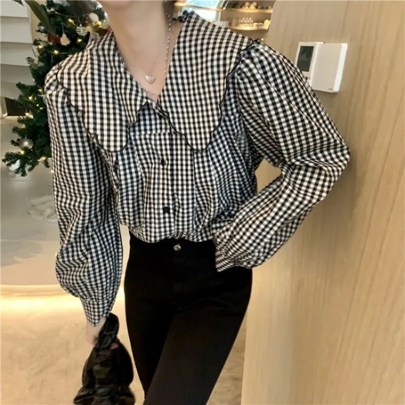 Chemisier élégant vintage en mousseline à carreaux imprimés avec dentelle pour femme, manches longues, idéal pour le bureau, printemps-automne