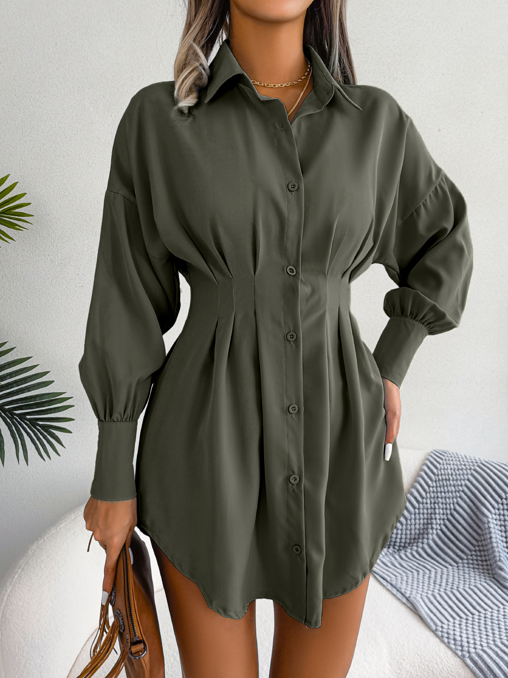 Femmes décontracté boutons à manches longues chemise robe automne 2026 couleur unie revers Mini robe blanc bleu armée vert femme vêtements
