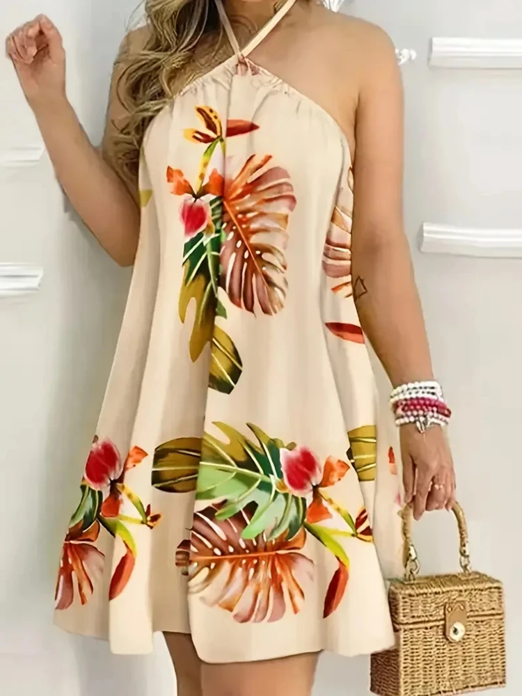 Robe d'été grande taille 1XL-5XL pour femmes, mode élégante, imprimé Floral, col licou, ample, décontractée, sans manches, robe de plage