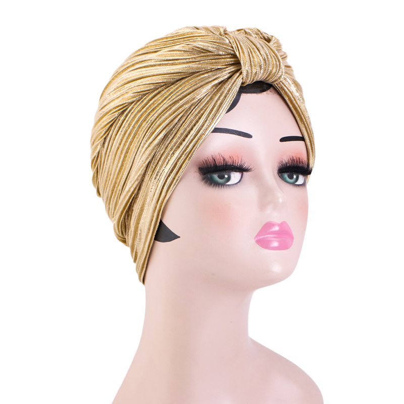 Nouveau Turban plissé métallisé pour femme, style ethnique rétro, élastique, brillant, bonnet, foulard, bonnet chimio