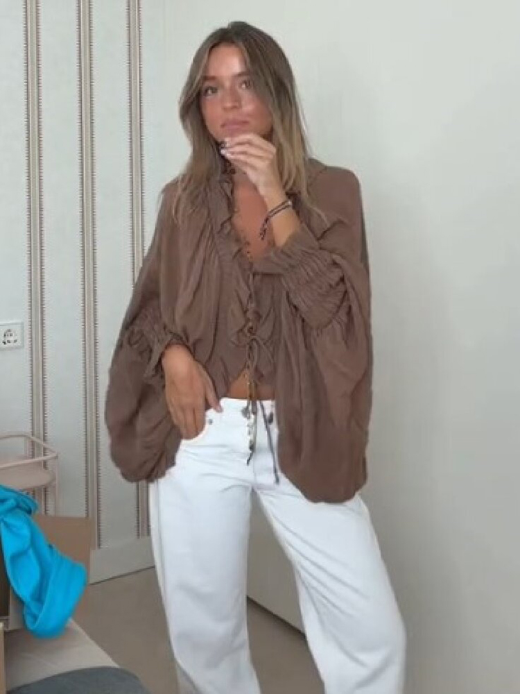 Chemisier Chic à Volants et Col en V avec Lacets pour Femme, Haut Ample Tendance à Manches Chauve-Souris Bouffantes et Fronces avec Cordon de Serrage, Chemise Quotidienne Bohème pour Femme 2026