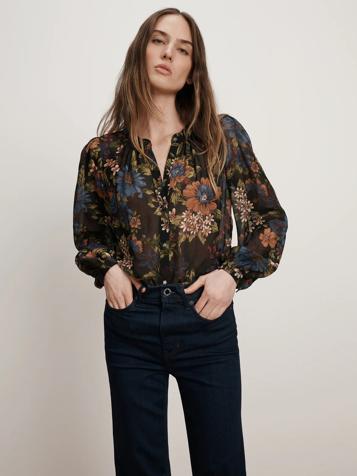 Chemisier à manches longues en soie 100% à imprimé floral de style bohème pour femmes