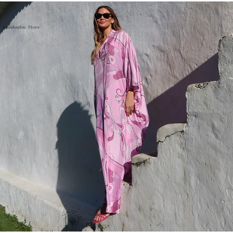 Robe longue surdimensionnée pour femmes, tenue de plage, vacances, Kaftan imprimé, Maxi, avec motif, coupe ample, manches longues, été