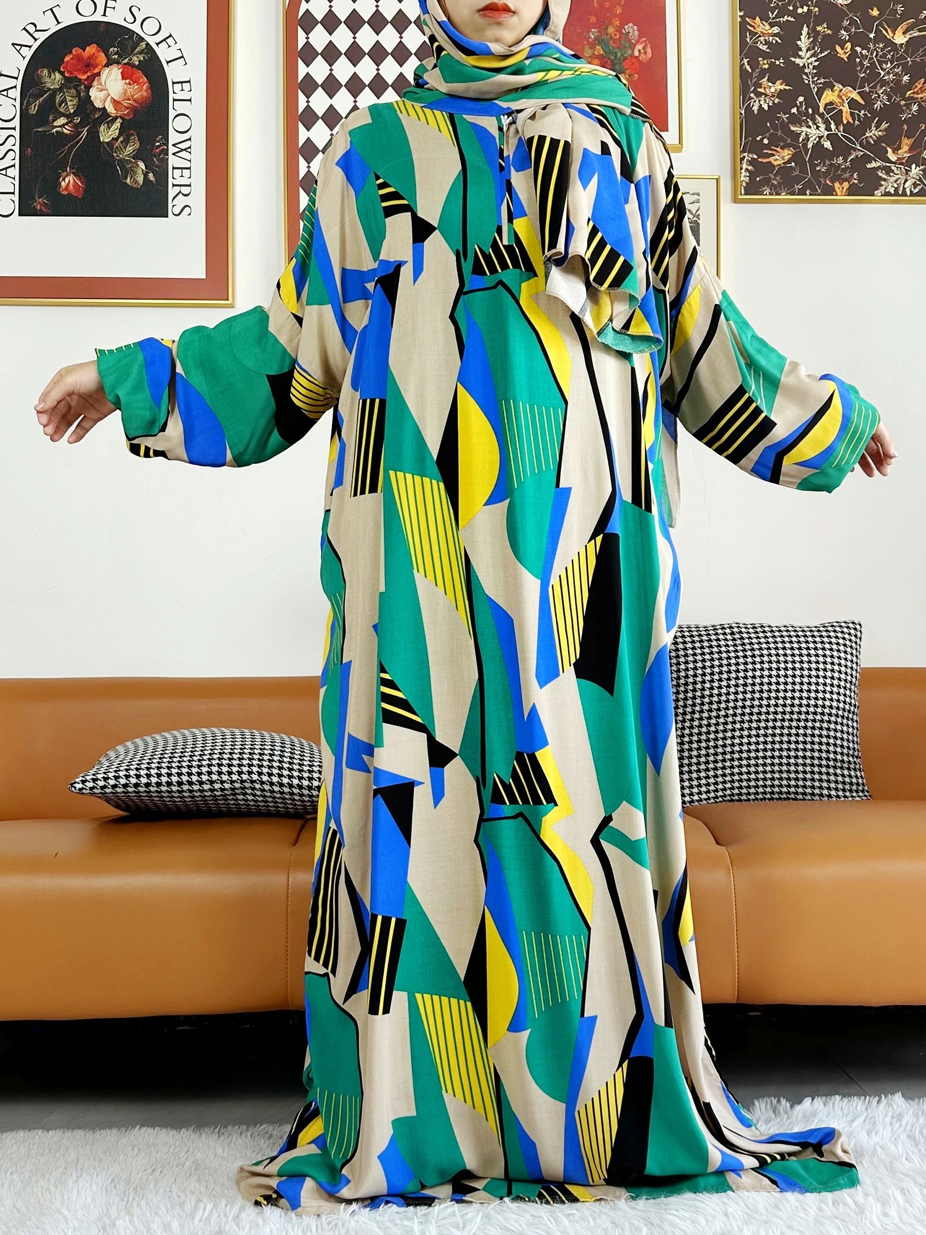 2025 coton musulman dame Abayas Ramadan vêtement de prière dubaï turquie moyen-orient Femme Robe ample Robe africaine Turban Joint