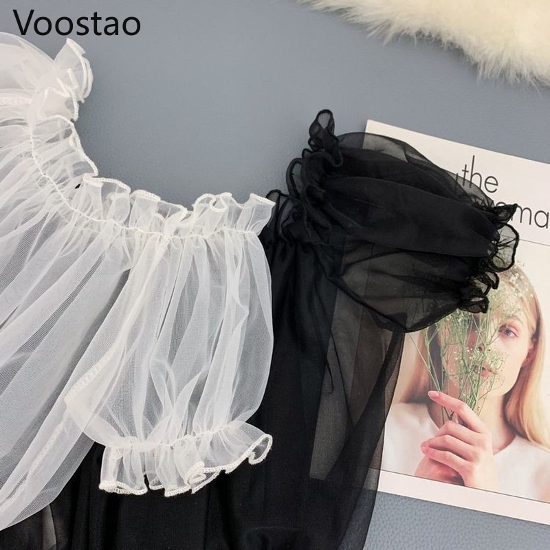 Chemises en maille à volants pour femmes, chemisiers de style Lolita doux, col slash Kawaii, manches courtes bouffantes, sexy et mignon, été