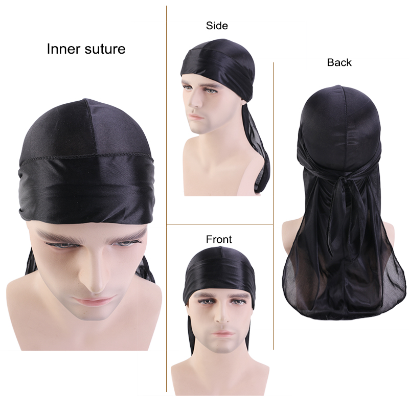 3 pièces/lot longue soyeuse Durag longue queue soyeuse écharpe musulman Doo chiffon Pirate chapeau Durag chimio Turban pull casquette bandeau de cheveux Bandanas