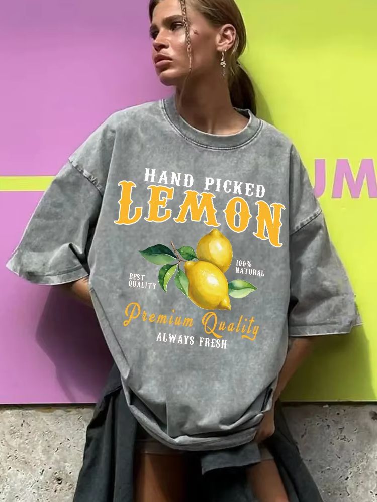 Été citron lavé T-Shirts femmes coton surdimensionné col rond T-Shirts fruits frais imprime hauts décontracté à manches courtes femme vêtements