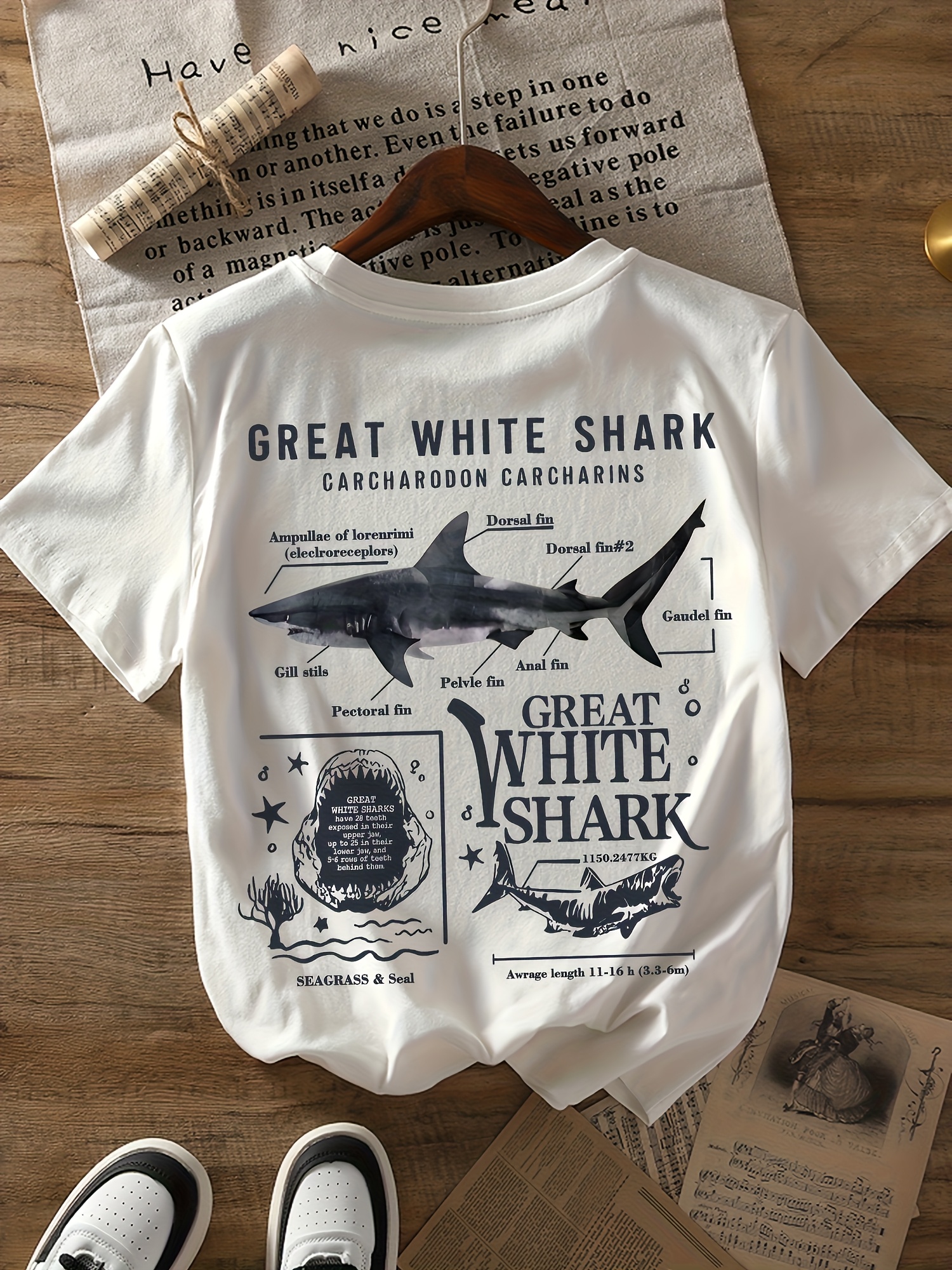 T-shirt imprimé GREAT WHITE SHARK pour femmes, tendance mode printemps/été, haut neutre à manches courtes, confortable