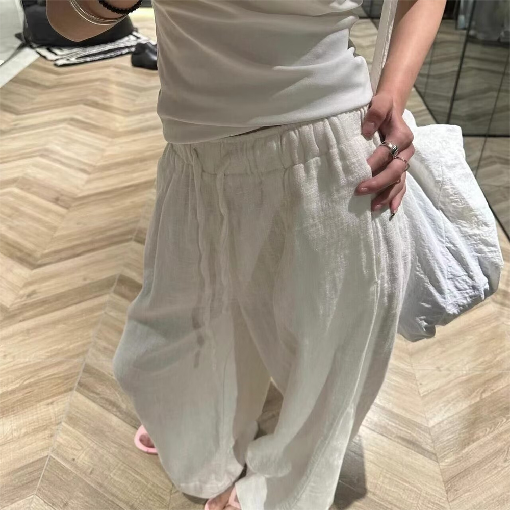 Pantalon décontracté en coton et lin de style coréen, taille élastique, doublé, blanc, coupe ample, long, pour femme, streetwear