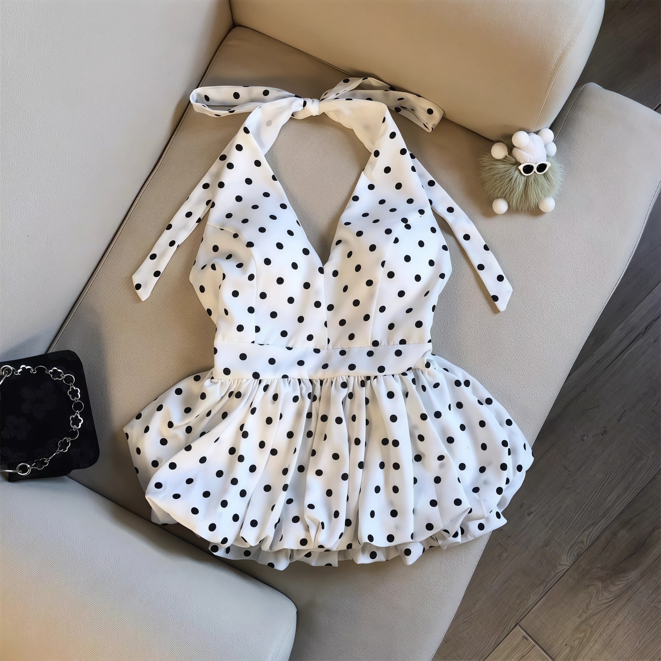 Robe courte à pois pour femmes, col halter, dos nu, nœud à nouer, jupe bouffante à volants, robe d'été pour soirée, robe courte pour femmes.