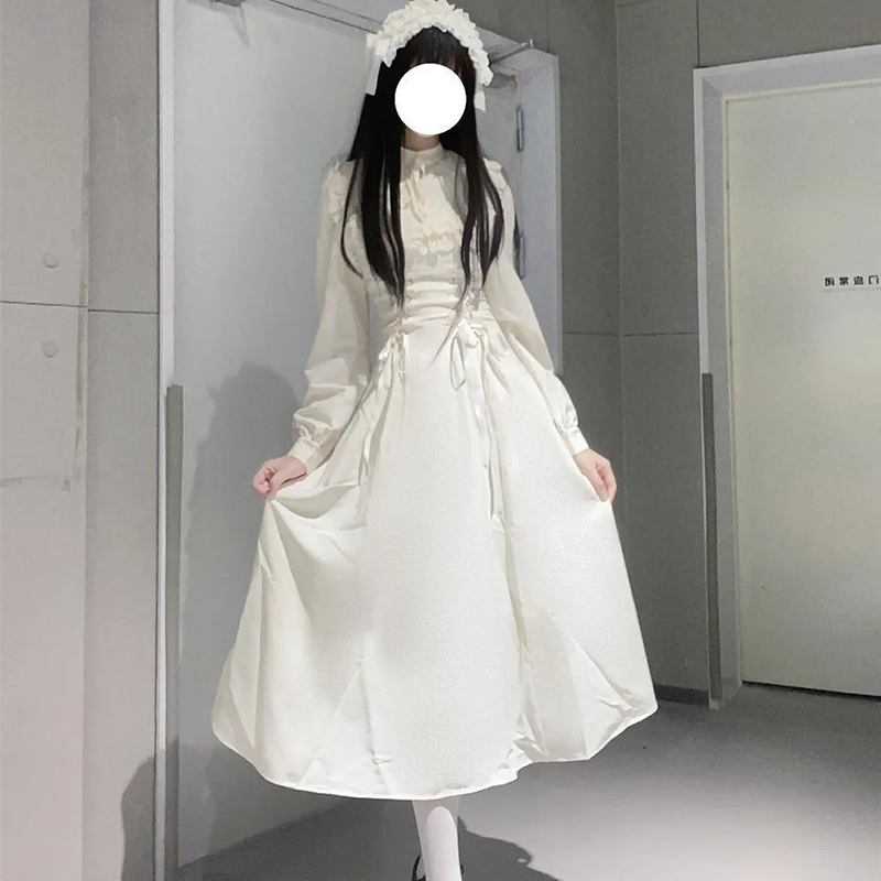 Robe française élégante en dentelle à manches longues pour femmes, taille haute, Patchwork, mode Lolita Kawaii, nouvelle collection à lacets