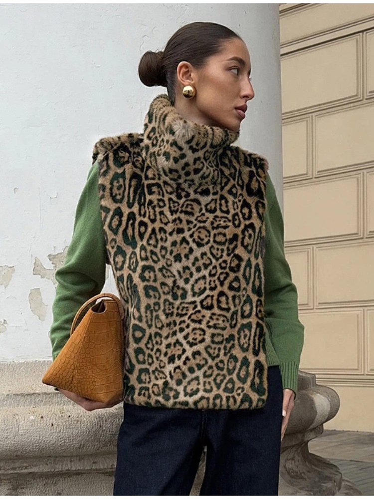 Hauts pour femmes, haut à col roulé sans manches en fausse fourrure léopard, châle, pull, mode féminine, dos nu, irrégulier, vêtements de club, nouveau streetwear