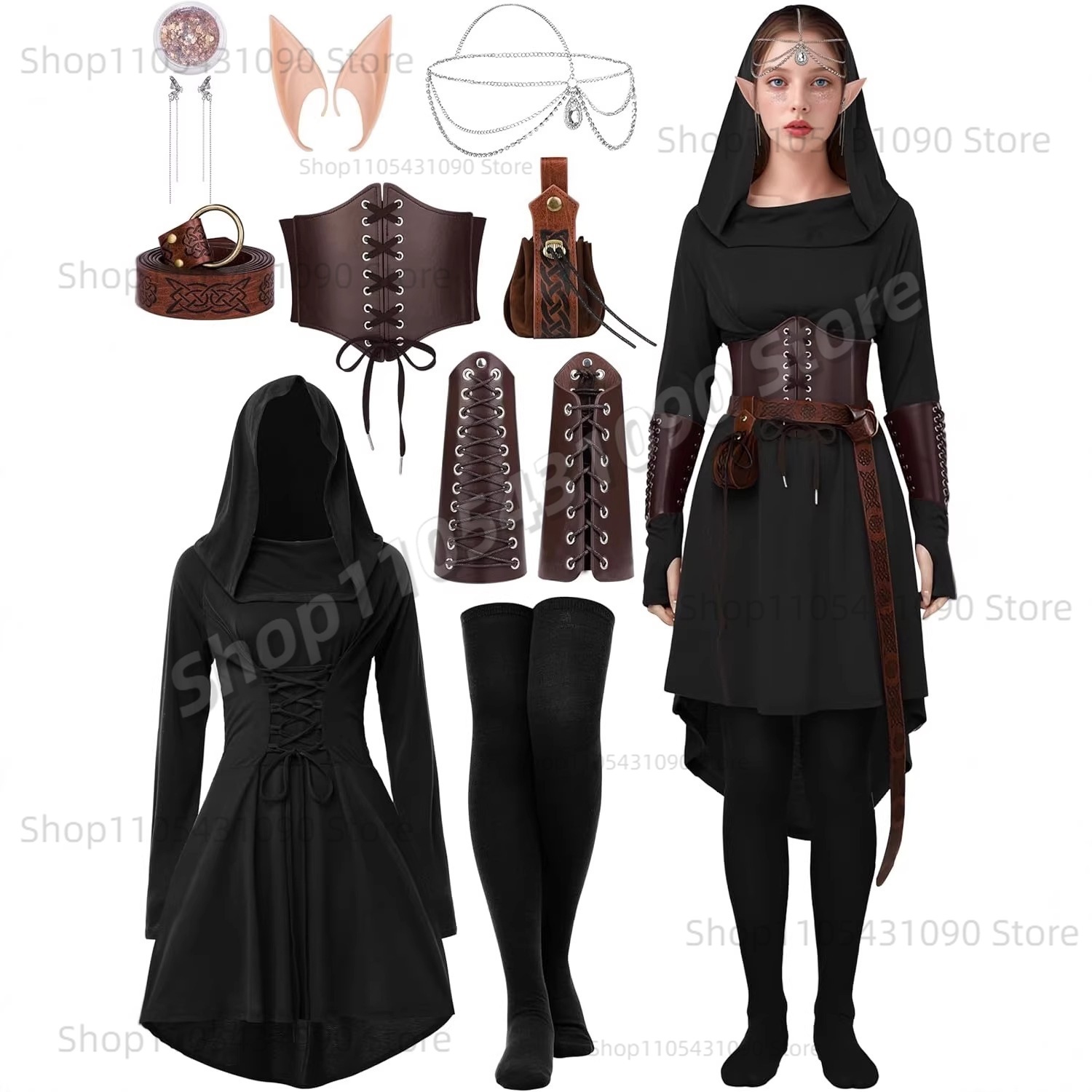 Tenue d'elfe forestier vintage, robe médiévale à capuche irrégulière avec ceinture, protège-bras, accessoires d'elfe, costume de cosplay