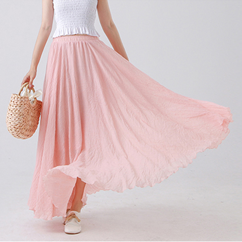 Jupe Maxi en coton et lin pour femmes, tenue de plage décontractée, taille haute, plissée, ligne a, style Boho