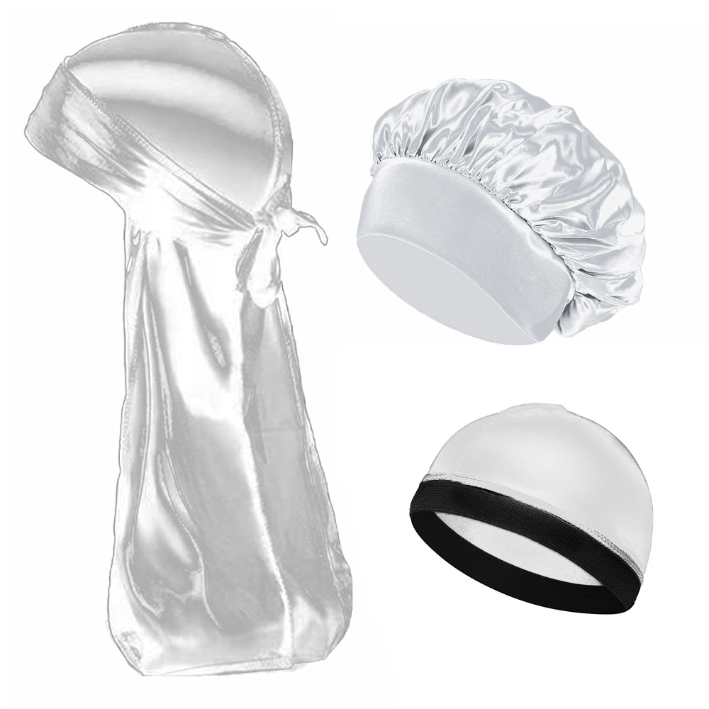 Bonnet en Satin soyeux de haute qualité, 3 pièces, unisexe, bandeau élastique, Bandanas Durags, longue queue, Bonnet de douche pour sommeil, Turban