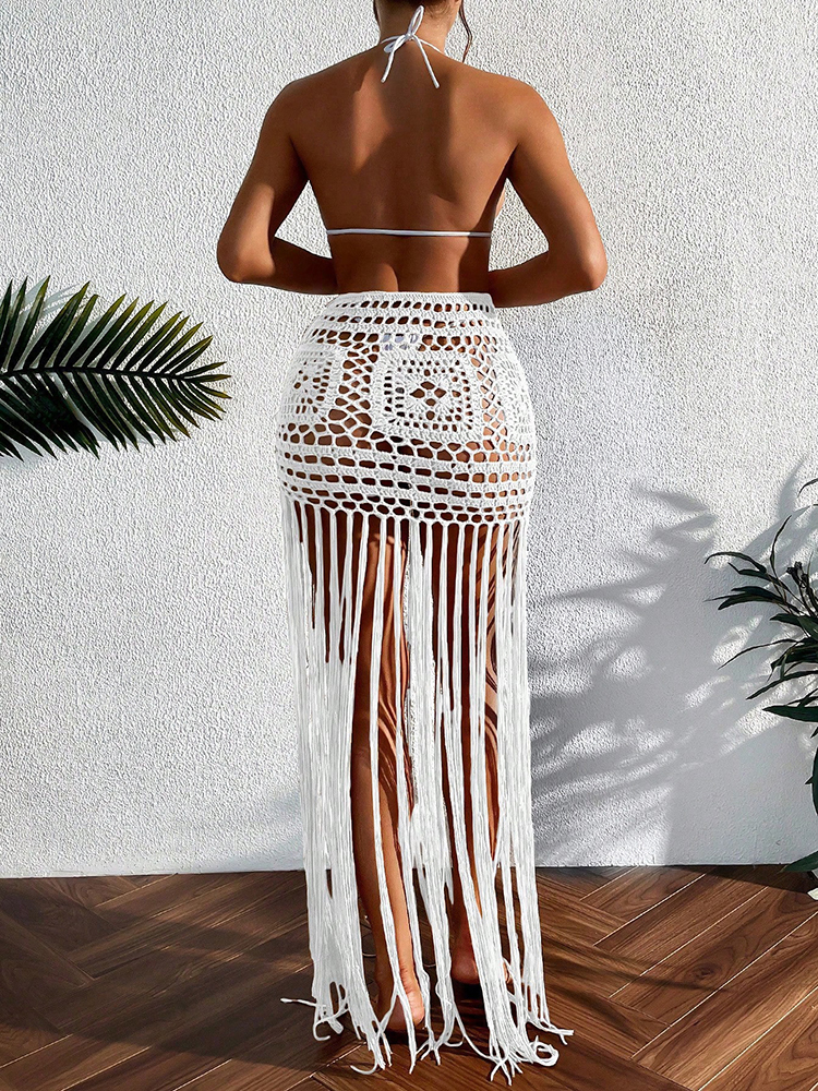 Crochet gland Bikini couvrir robe vêtements de plage femmes cravate baigneur maillot de bain gland jupe longue maillot de bain couvrir robe de plage