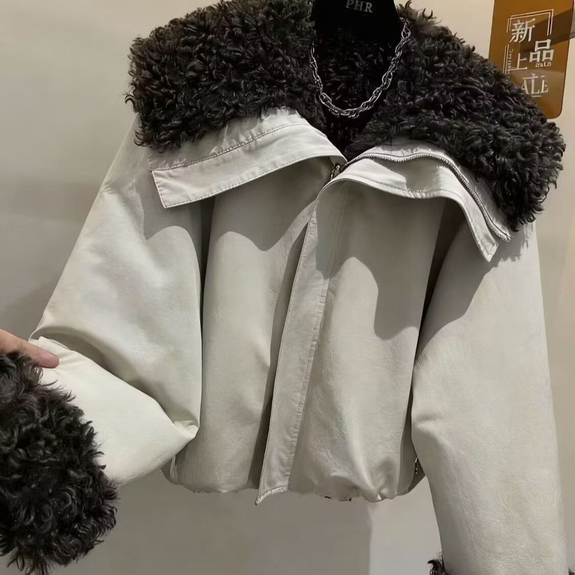 Manteau d'hiver en peluche et épaissi, nouveau design avec grand col en fourrure d'agneau, veste en coton pour femmes, parka courte, vêtements d'extérieur beige