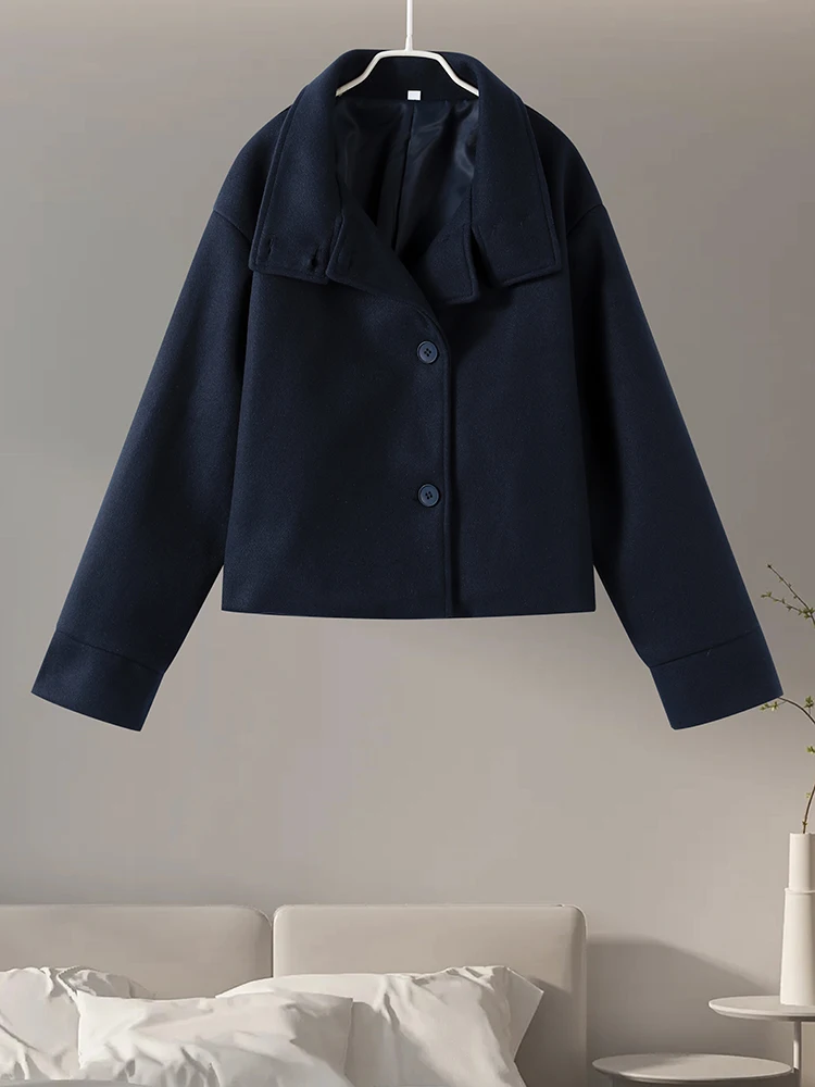 Col montant femmes hiver laine manteaux 2025 automne simple boutonnage ample femme à manches longues veste bureau dame rue manteau court