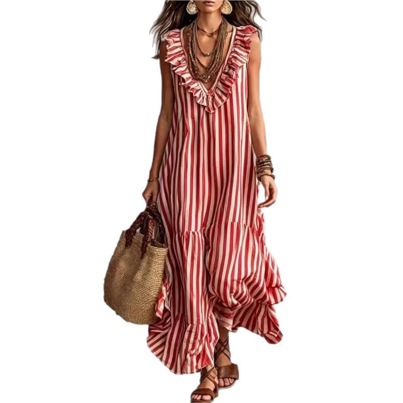 Nouvelle Robe d'Été 2026 pour Femme – Col en V, Volants, Rayures, Style Bohème Décontracté, Élégante, Unique, Tendance Niche, Confortable et Simple – Vestidos