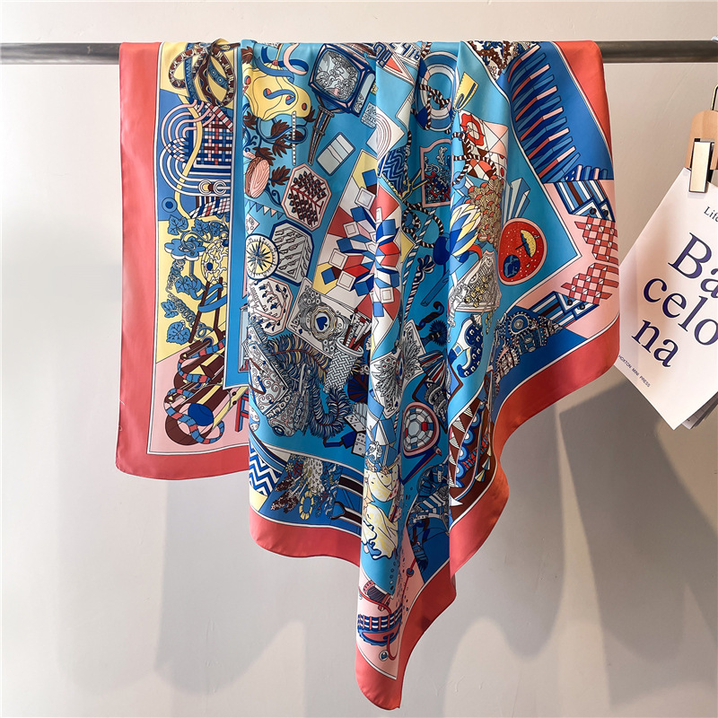 Foulard de luxe en Imitation soie pour femmes, écharpe carrée en Satin imprimé Colorblock, châle en sergé, Hijab