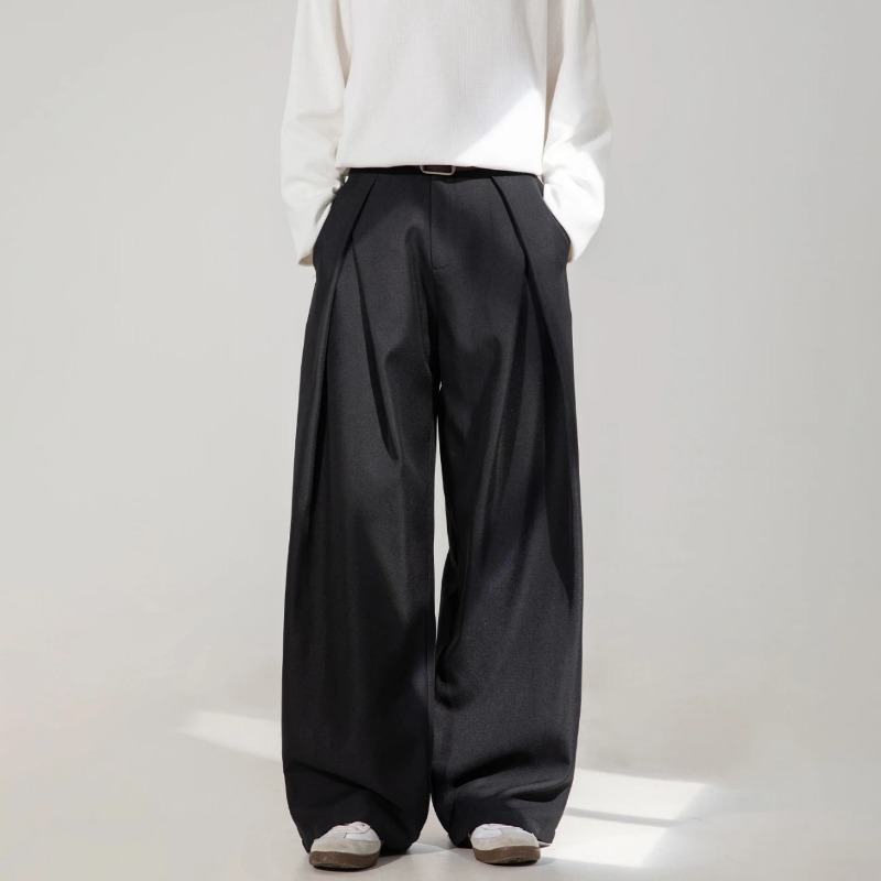 Pantalon large pour homme, taille haute, plissé, décontracté