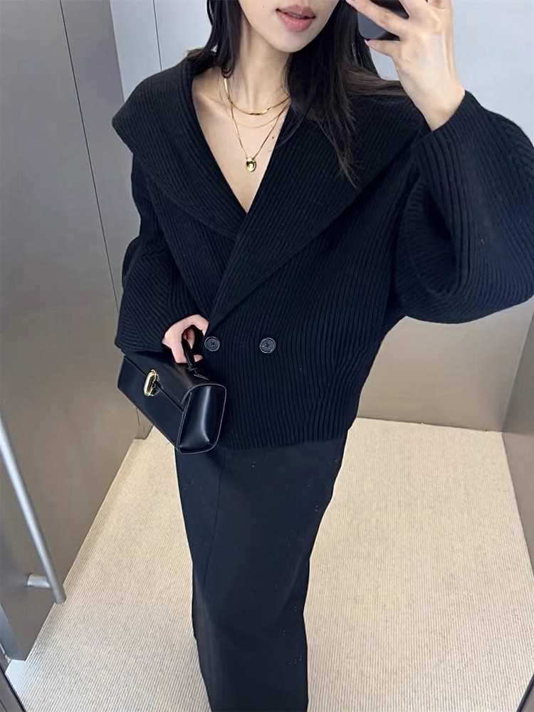 Cardigan en tricot mélangé de laine à col écharpe pour femme, couleur unie, deux boutons, pull ample pour femme, automne hiver