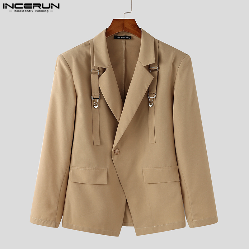 Y-INCERUN-Blazer à Manches sulfpour Homme, Manteau Décontracté, Streetwear, Monochromatique, à la Mode, Bien Ajusté, avec Boucle en Métal