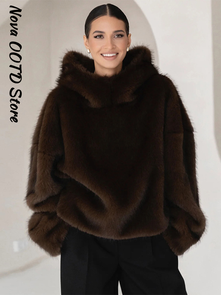 Hiver femmes fourrure à capuche fausse fourrure pull femmes ample manches longues chaud solide manteau 2026 printemps dame rue Chic vêtements d'extérieur nouveau