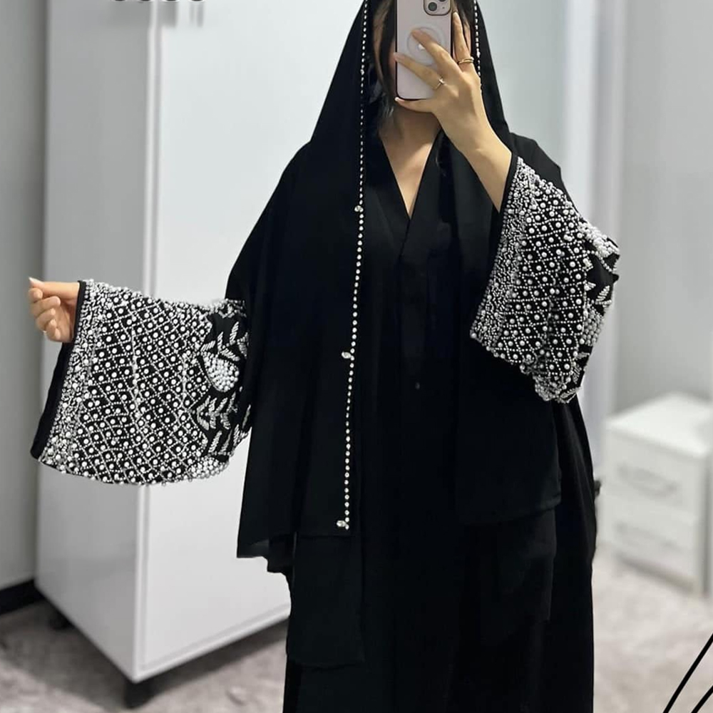 Abaya Modeste Eid Dubaï Printemps-Été pour Femme, Robe Musulmane Turquie Maroc, Kaftan Perlé Élégant de Luxe, Kimono, Ensemble Abaya et Hijab