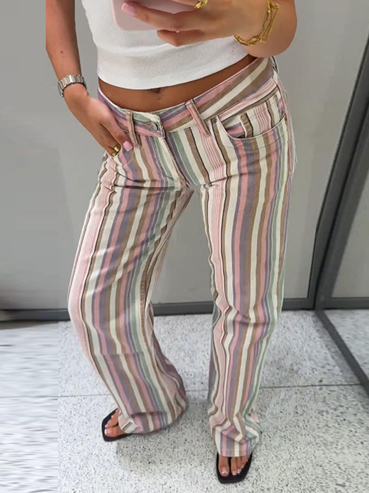 Jean à rayures colorées pour femme, taille mi-haute, boutonné, coupe droite, pantalon polyvalent, été 2026, nouveau pantalon de ville pour femme.
