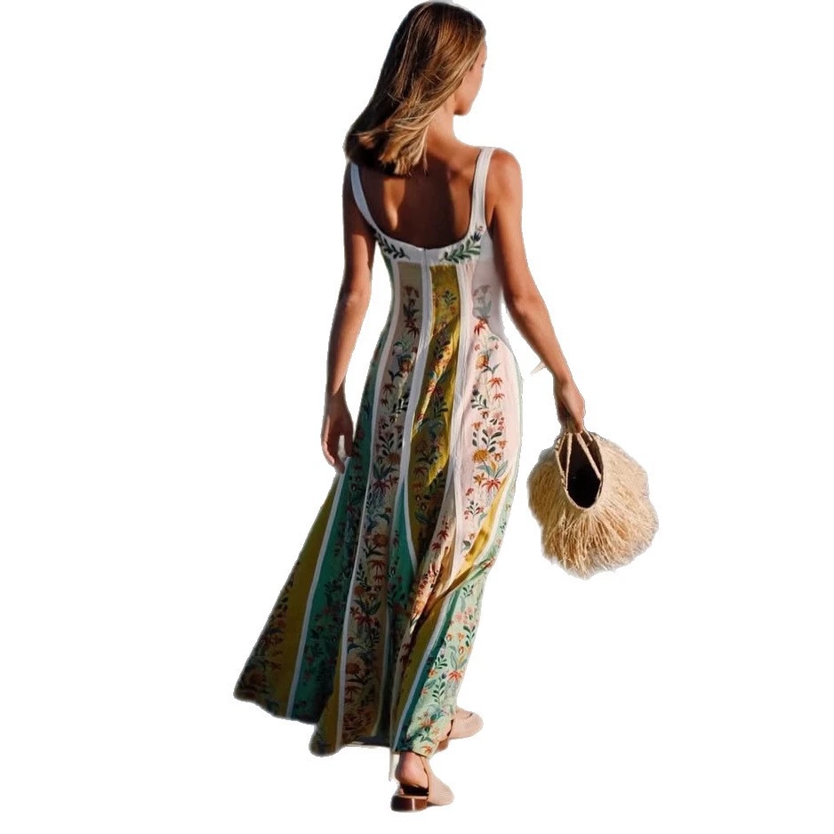 Mode femmes élégantes sans manches robes de soirée décontracté col en V profond robe Maxi été dos nu taille haute robe imprimée robes