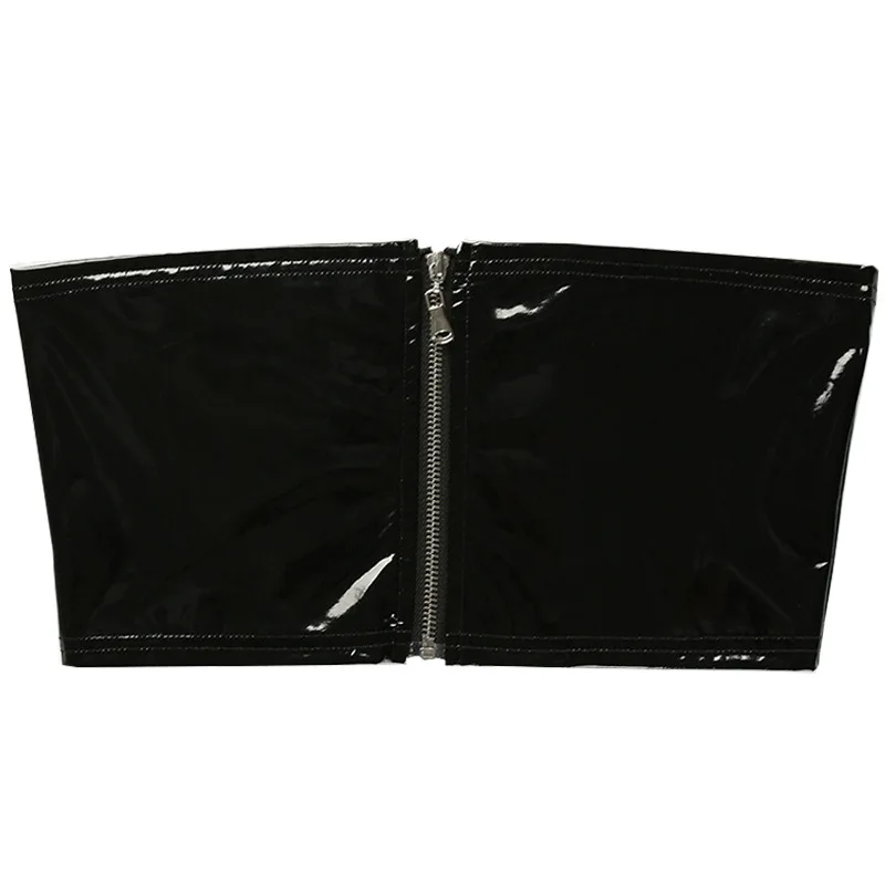 Débardeur Sexy en cuir PU pour femmes, épaules dénudées, avec fermeture éclair, col licou noir, ventre nu, dos nu, haut tubulaire, gilet court sans manches