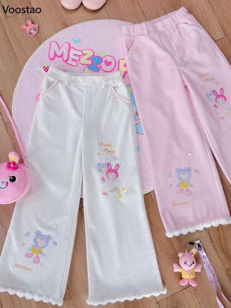 Pantalon en velours côtelé Style Lolita japonais Kawaii pour femmes, doux et mignon, broderie de dessin animé, pantalon décontracté, pantalon de survêtement de sous-culture Harajuku