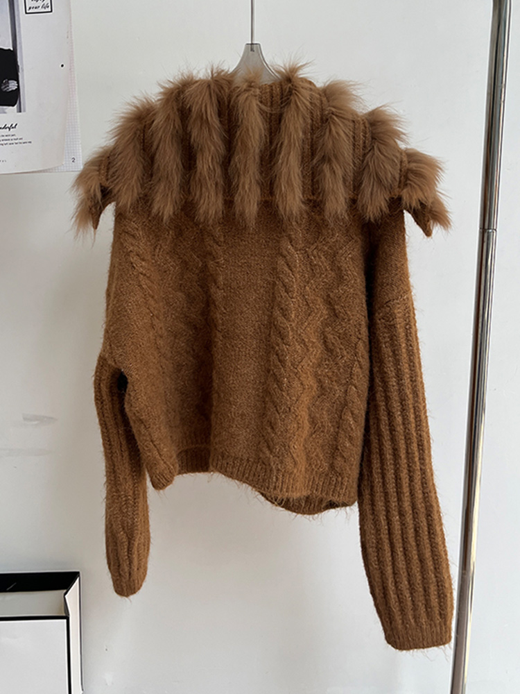 Automne femmes manteau tricoté Cardigan pull réel naturel fourrure de renard rayure col de luxe femme manches longues vestes