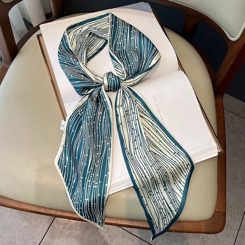 Printemps/été luxe longue foulard en soie femme imprimer mince foulard étroit sac bandeau de cheveux ruban écharpes femmes Imitation soie foulard
