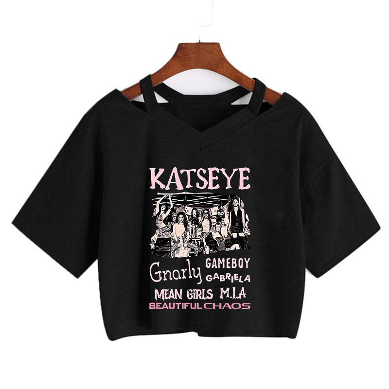 T-shirt court pour femme à imprimé drôle Katseye, style coréen des années 90, vêtements sexy à motifs graphiques, crop top pour femme, t-shirt gothique Y2K