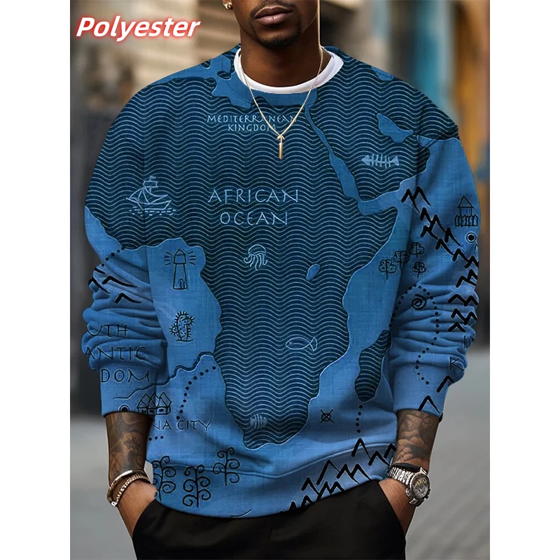 Sweat à capuche motif océan africain pour hommes, pull imprimé carte africaine en 3D, manches longues, col rond, ample, automne