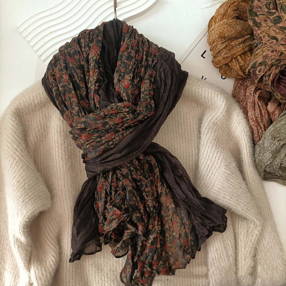 Écharpes longues en coton et lin, écharpe plissée à fleurs pour femmes, foulards bohèmes, respirants et chauds, légers, accessoires