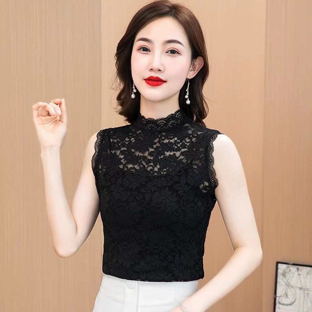 Débardeur à fleurs élégant à col mi-haut, t-shirt élastique noir et blanc, gilet sans manches pour femmes et filles, L-3XL
