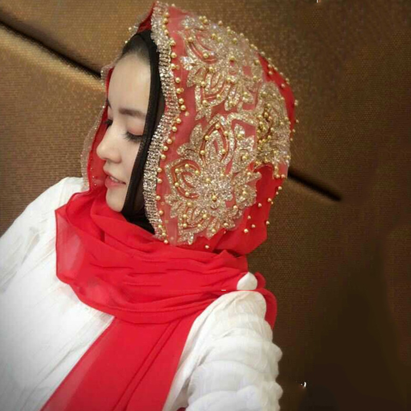 Mousseline de soie Hijab écharpe musulman islamique Hijabs foulards pour femme longs couvre-chef avec perle foulard châle enveloppement prière Turbante