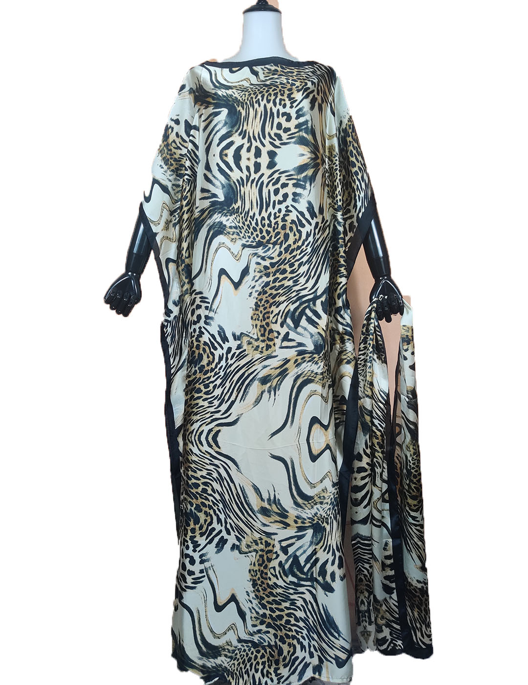 Robe Kaftan en Soie Imprimée Ramadan Plus, Vêtement Africain pour Femmes, Magnifique Robe Maxi à Col Rond et Manches Courtes avec Hijab