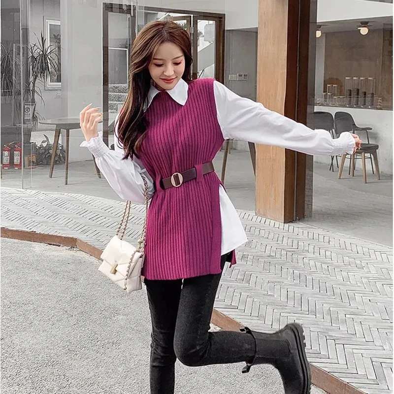 Femmes tricoté gilet 2 deux pièces ensemble chemise à manches longues lanterne 2025 printemps automne femmes chemises ensembles sans manches pull hauts