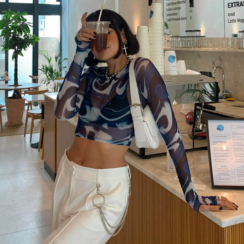 Hauts courts à la mode pour femmes: maille, transparent, imprimé, col rond, manches longues, pull, sexy, streetwear, Y2K, style Harajuku